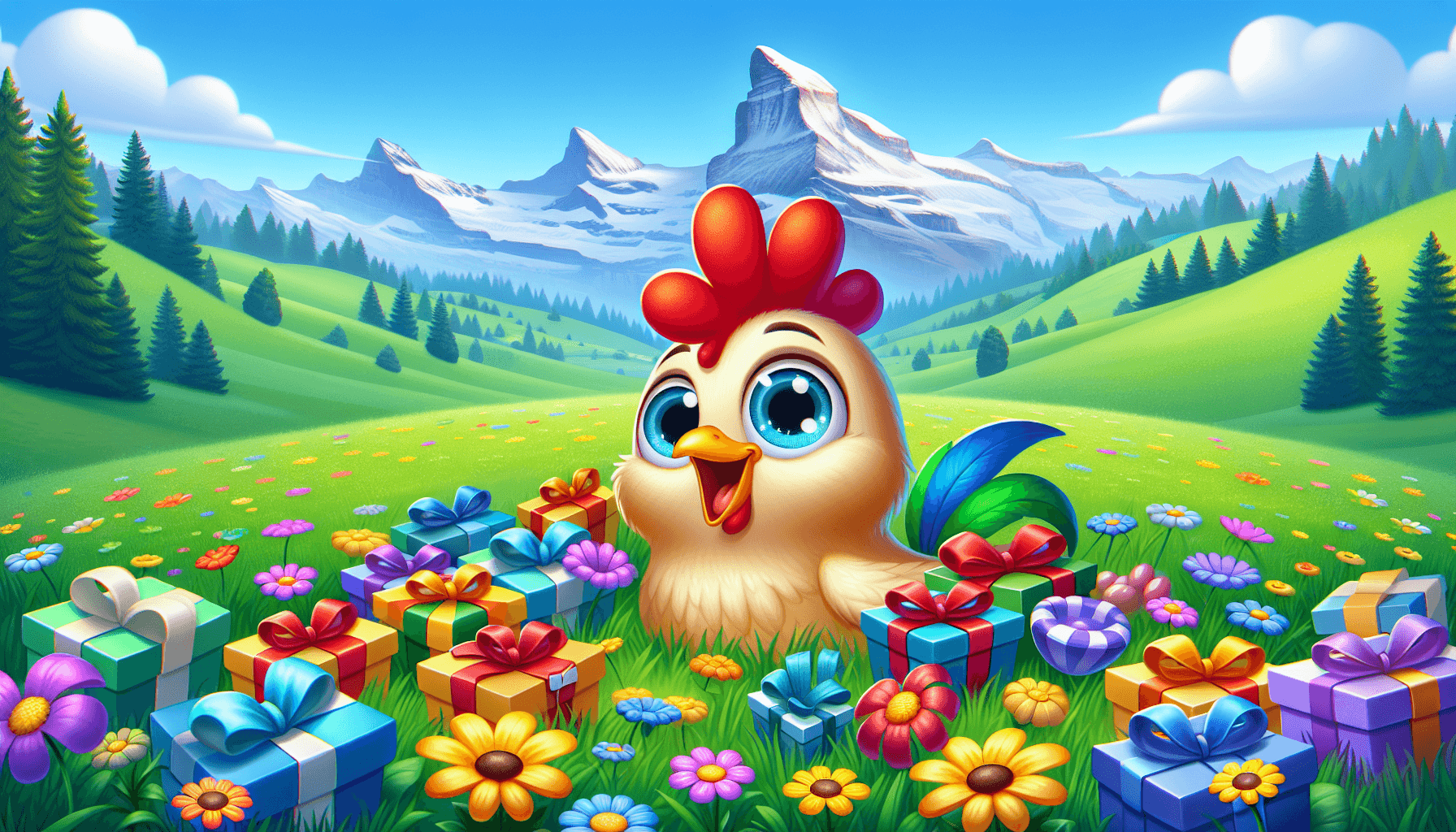 Chicken collecting bonuses in meadow