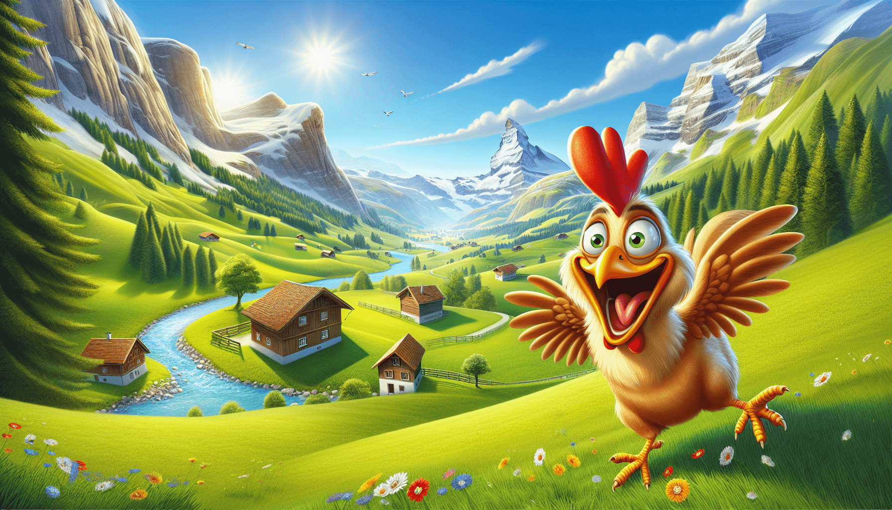 Cartoon chicken running in Swiss mountains
