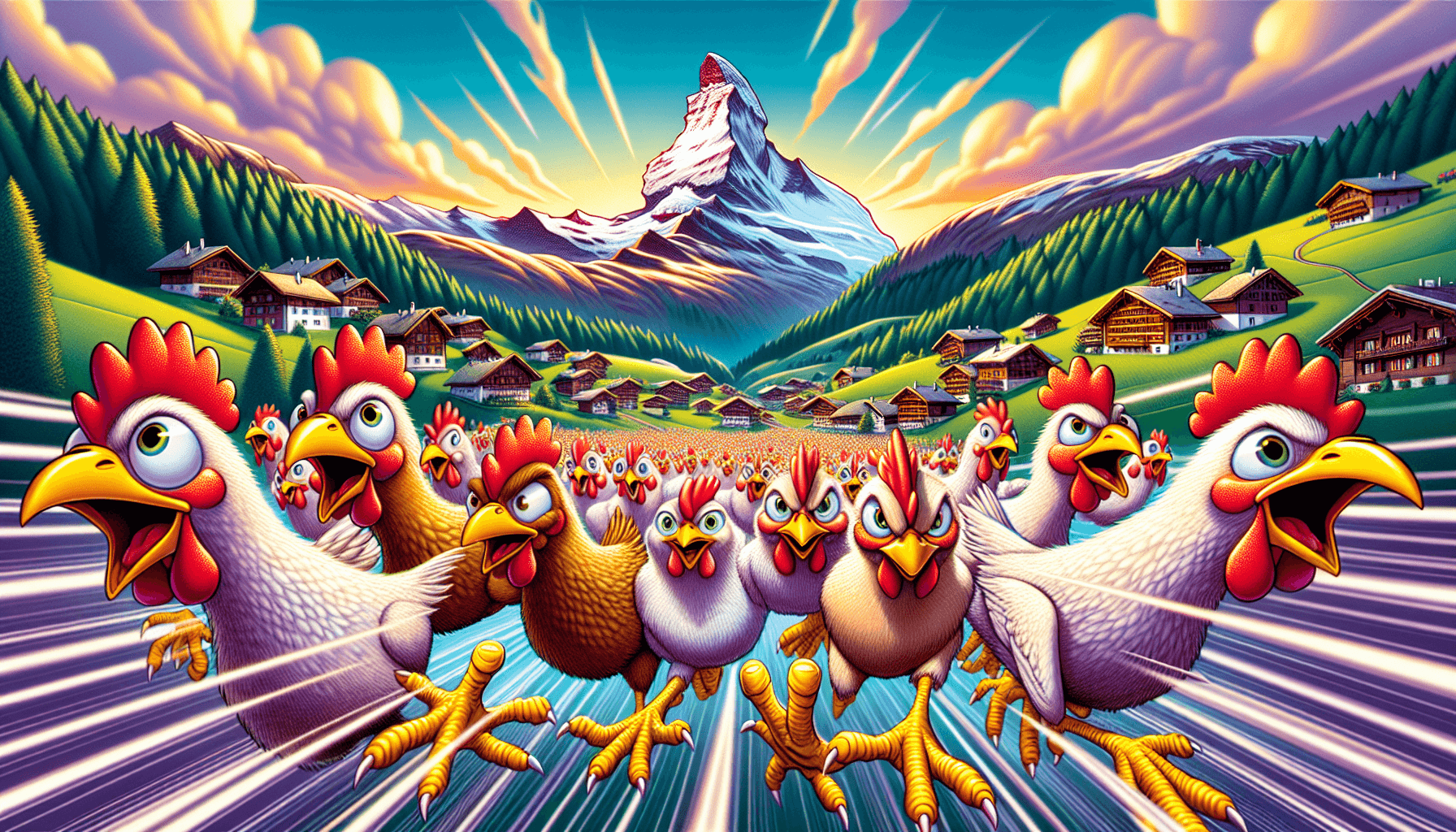 Chickens racing in Swiss landscape